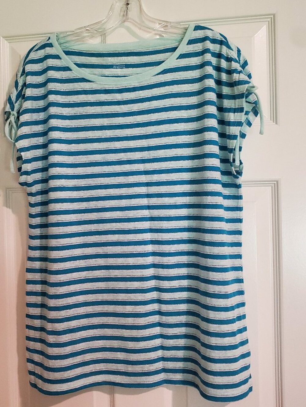 Talbots Cinched Shoulder Bataeu Neck Blue/Silver Stripe Shirt Womens Large NWOT
